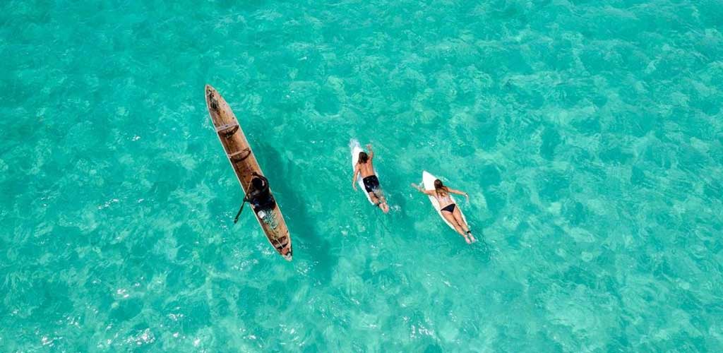 Drone view shot of kayaking in Seghe Solomon Islands